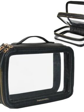 Clear Makeup Bag Vegan Leather Dual Zip TSA Travel Cosmetic Case